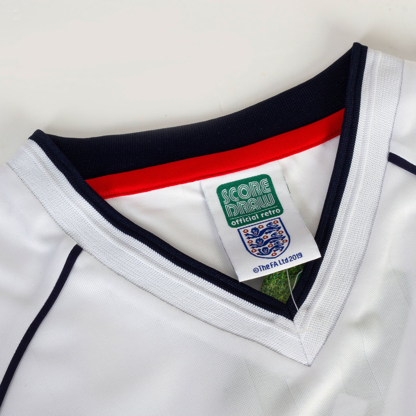 Score Draw England Home Beckham 7 v Greece Edition Retro Shirt WC 2002 Qualifier (Retro Flock Printing)