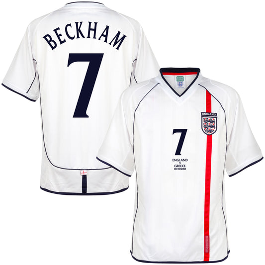 Score Draw England Home Beckham 7 v Greece Edition Retro Shirt WC 2002 Qualifier (Retro Flock Printing)