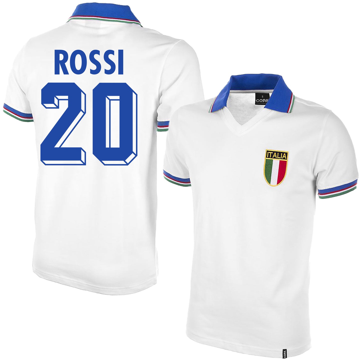 Copa Italy Away Rossi 20 Retro Shirt World Cup 1982 (Retro Flock Printing)