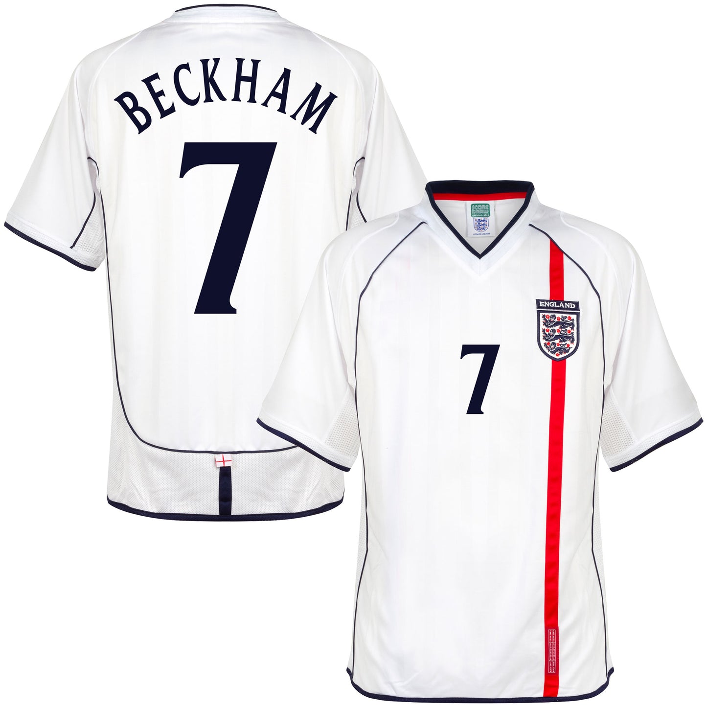 Score Draw England Home Beckham 7 Retro Shirt World Cup 2002 (Retro Flock Printing)