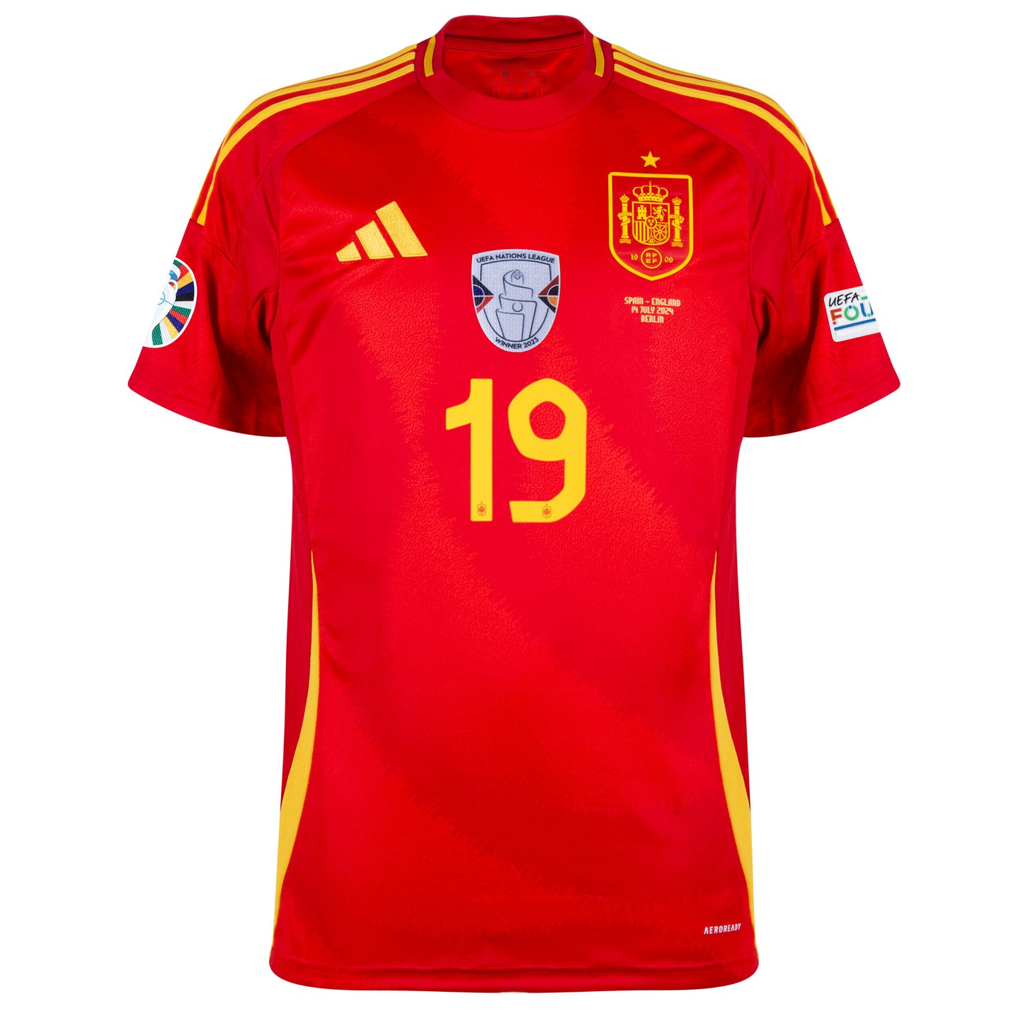 adidas Spain Home Lamine Yamal 19 Shirt incl. Official Final Matchday Transfer & Euro 2024 Patch Set