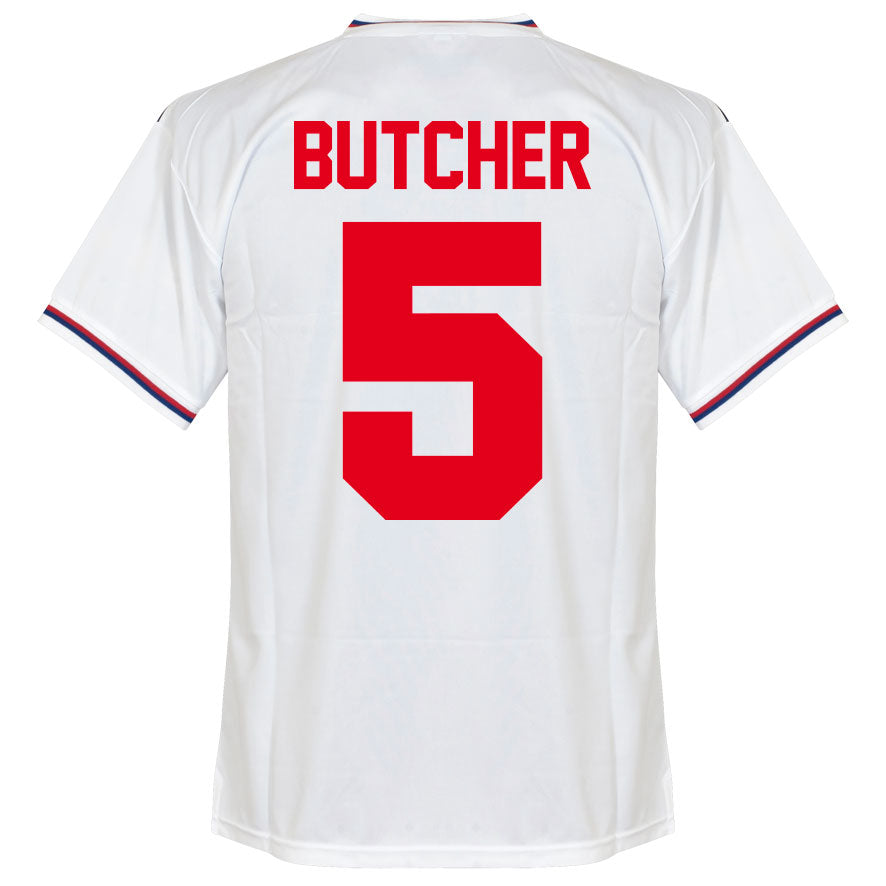 Score Draw England Home Butcher 5 Retro Shirt World Cup 1982 (Retro Flock Printing)