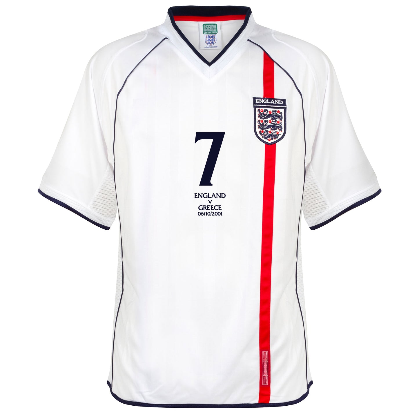 Score Draw England Home Beckham 7 v Greece Edition Retro Shirt WC 2002 Qualifier (Retro Flock Printing)