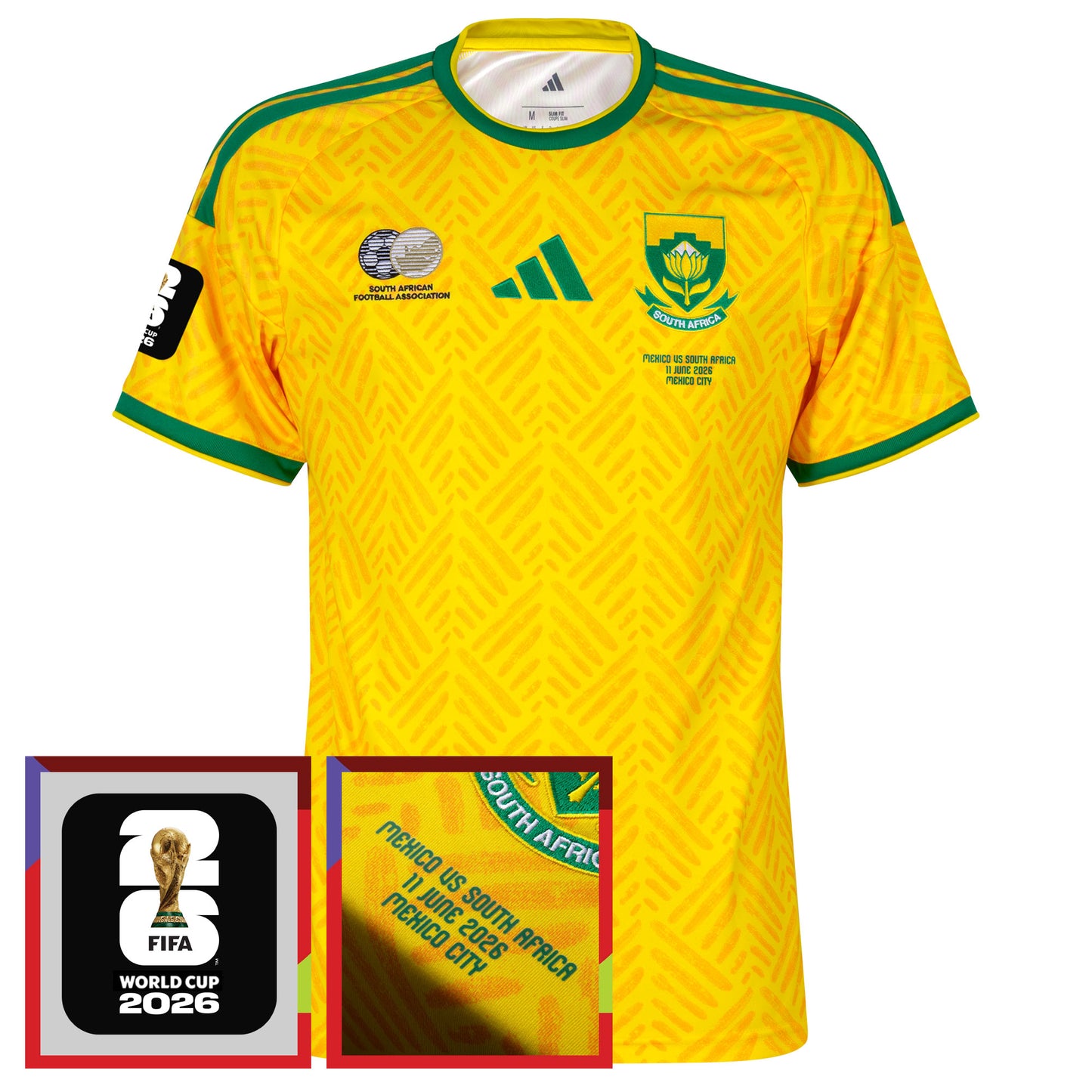 adidas South Africa Home Shirt incl. FIFA 2026 Sleeve Patch & Mexico vs South Africa Official World Cup Transfer