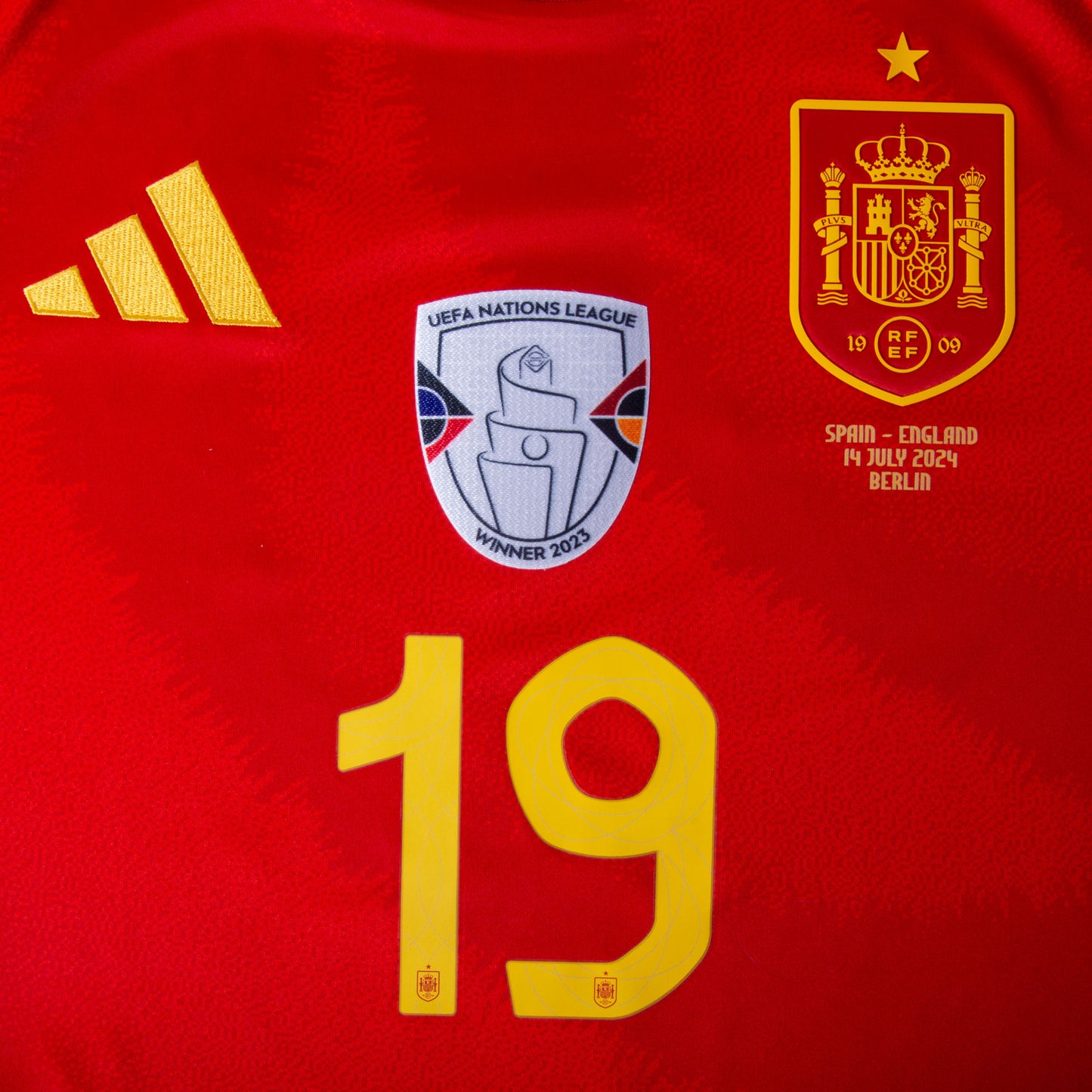 adidas Spain Home Lamine Yamal 19 Shirt incl. Official Final Matchday Transfer & Euro 2024 Patch Set
