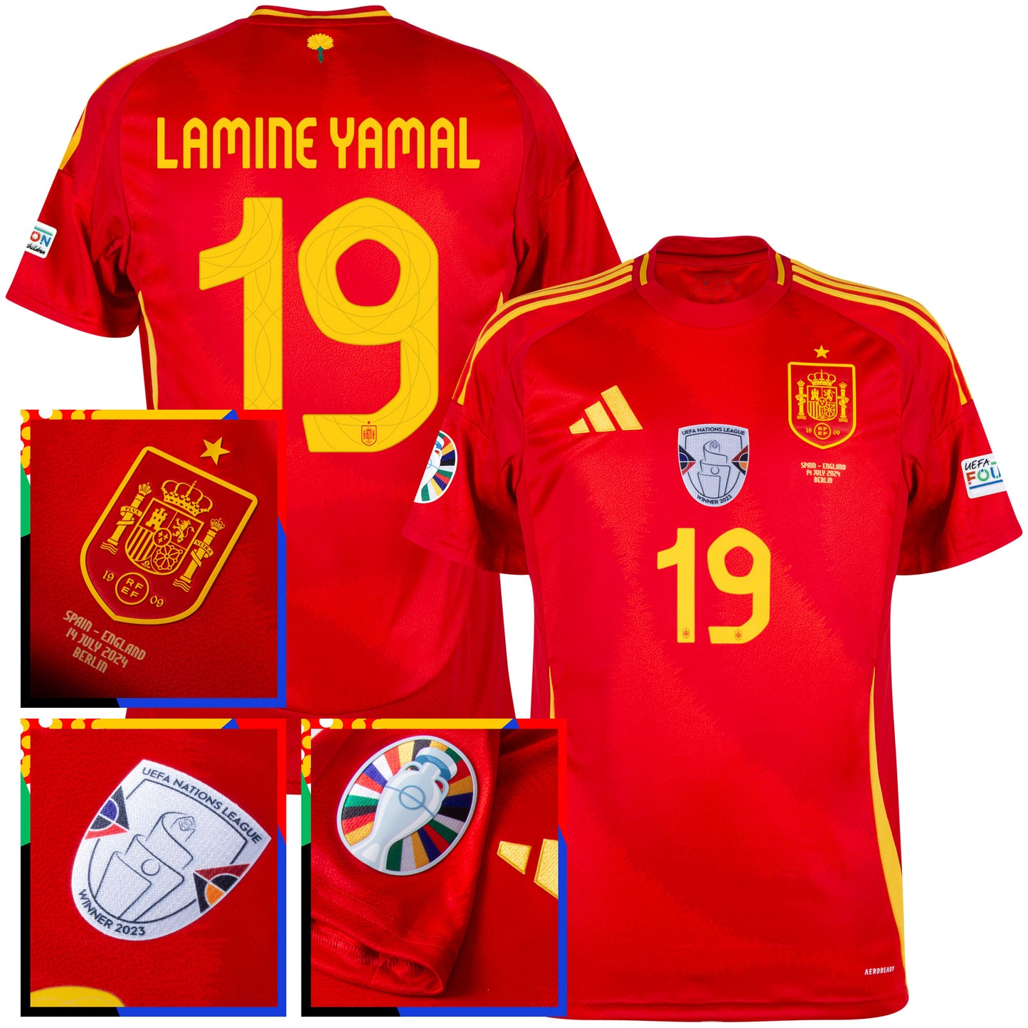 adidas Spain Home Lamine Yamal 19 Shirt incl. Official Final Matchday Transfer & Euro 2024 Patch Set