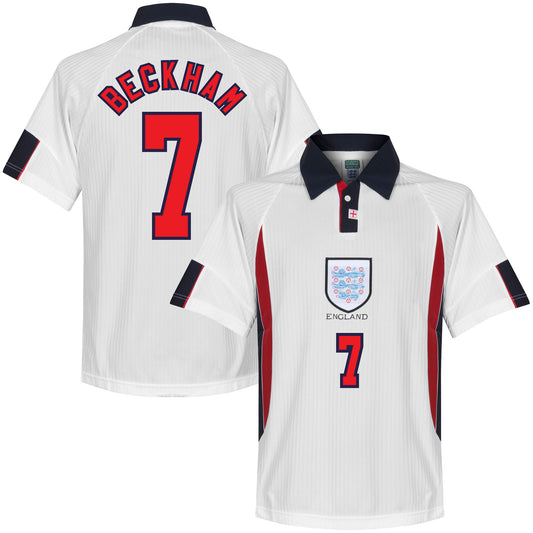 Score Draw England Home Beckham 7 Retro Shirt World Cup Finals 1998 (Retro Flex Printing)