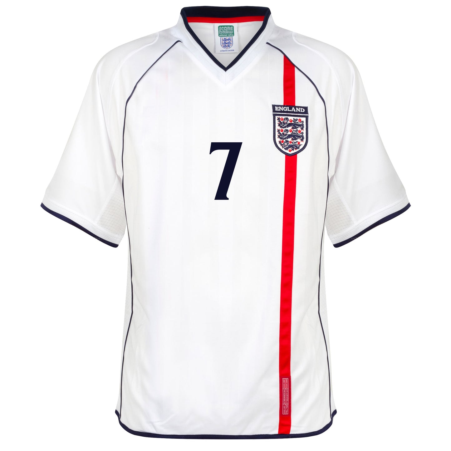 Score Draw England Home Beckham 7 Retro Shirt World Cup 2002 (Retro Flock Printing)
