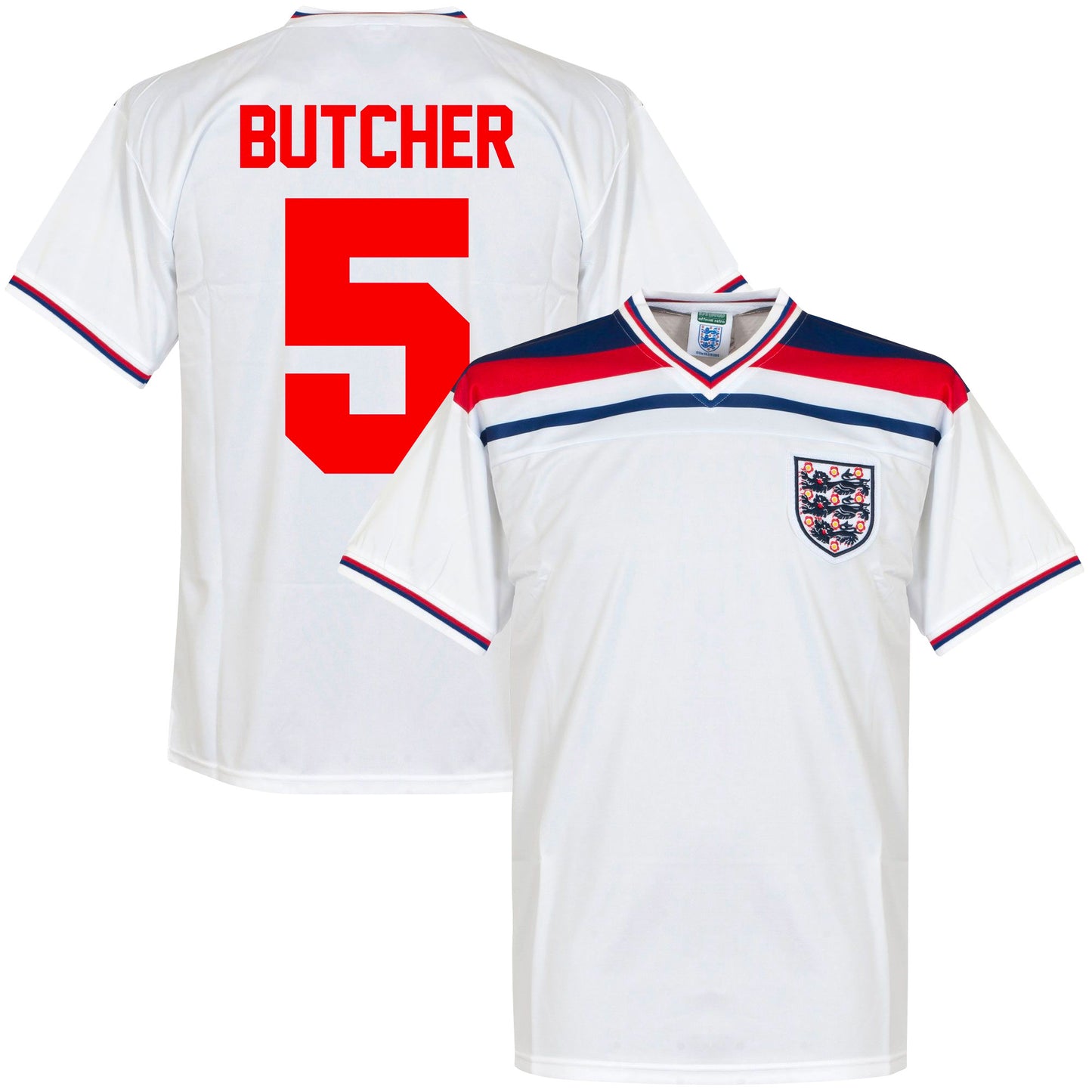 Score Draw England Home Butcher 5 Retro Shirt World Cup 1982 (Retro Flock Printing)