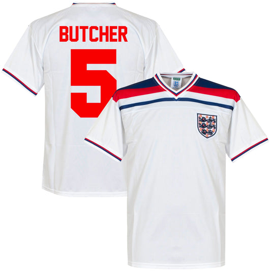 Score Draw England Home Butcher 5 Retro Shirt World Cup 1982 (Retro Flock Printing)