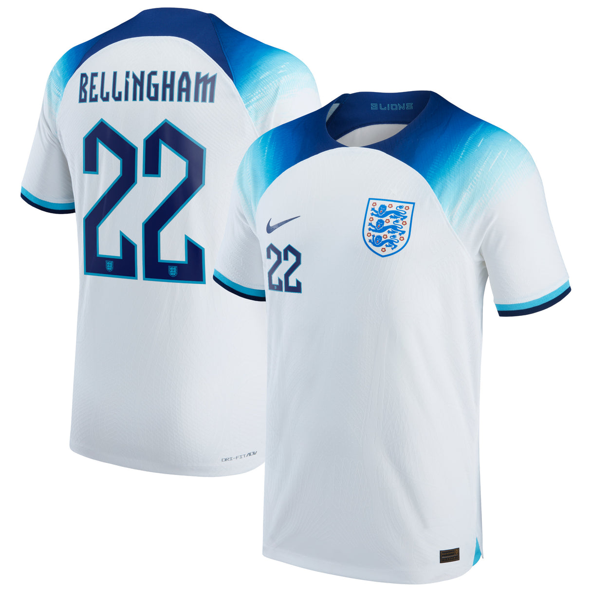 England Home Match Shirt 2022 with Bellingham 22 printing - Kit Captain