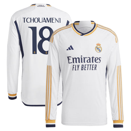 Real Madrid adidas Home Authentic Shirt 2023-24 - Long Sleeve with Tchouaméni 18 printing - Kit Captain