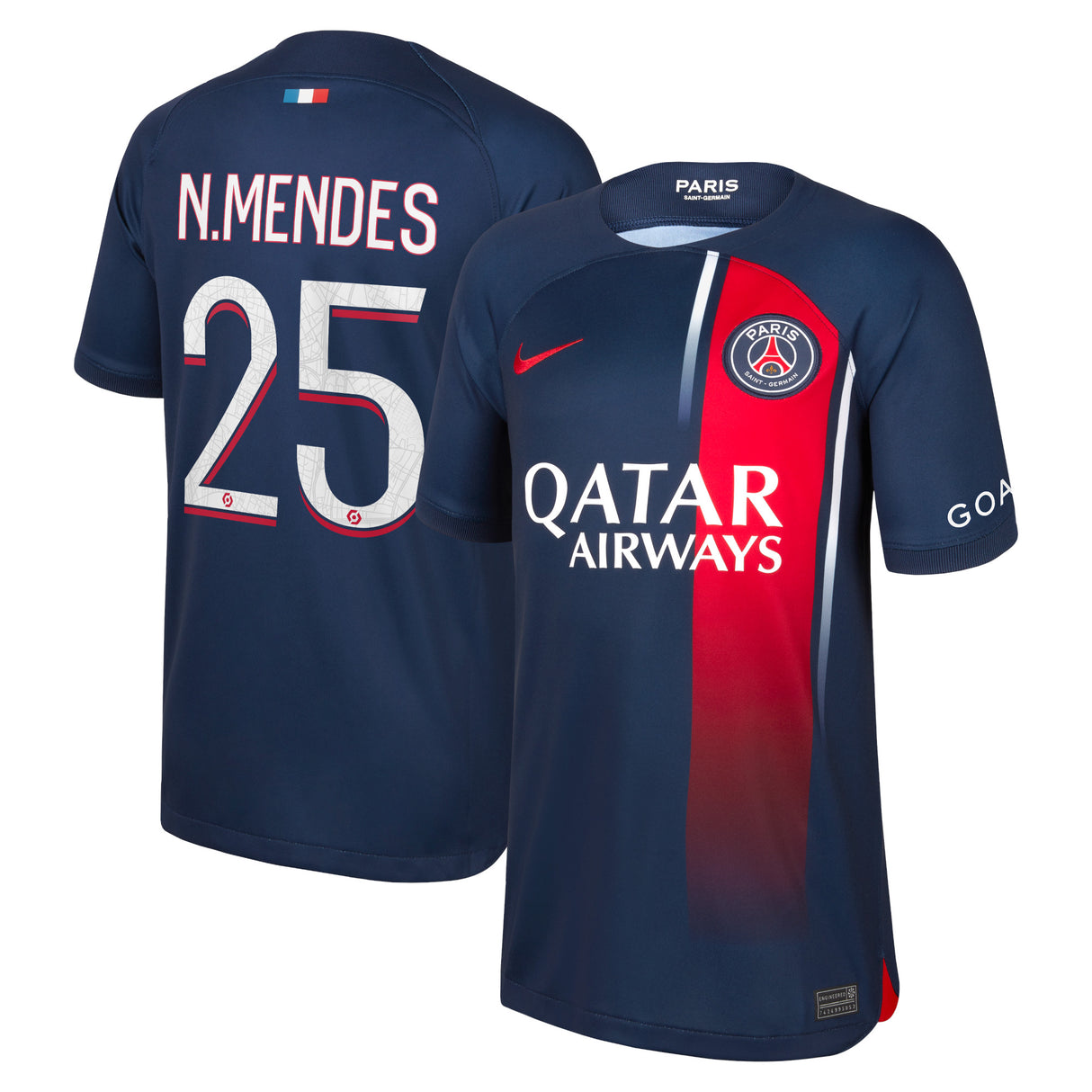 Paris Saint-Germain Nike Home Stadium Shirt 2023-24 - Kids with N.Mendes 25 printing - Kit Captain