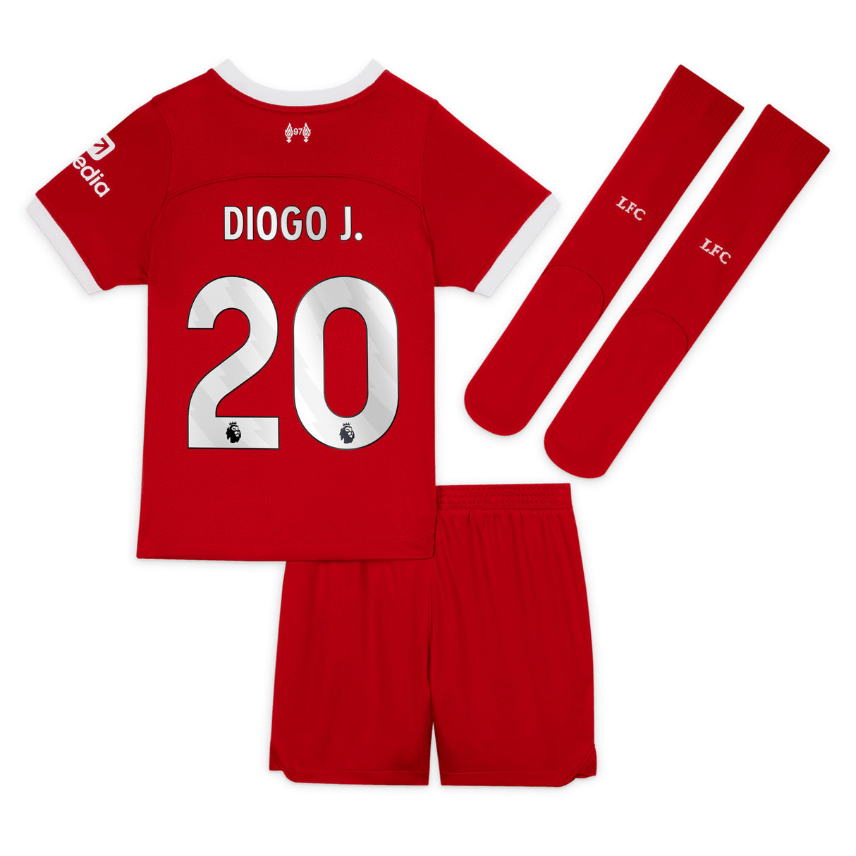 Liverpool Nike Home Stadium Kit - 2023-24 - Little Kids with Diogo J. 20 printing - Kit Captain