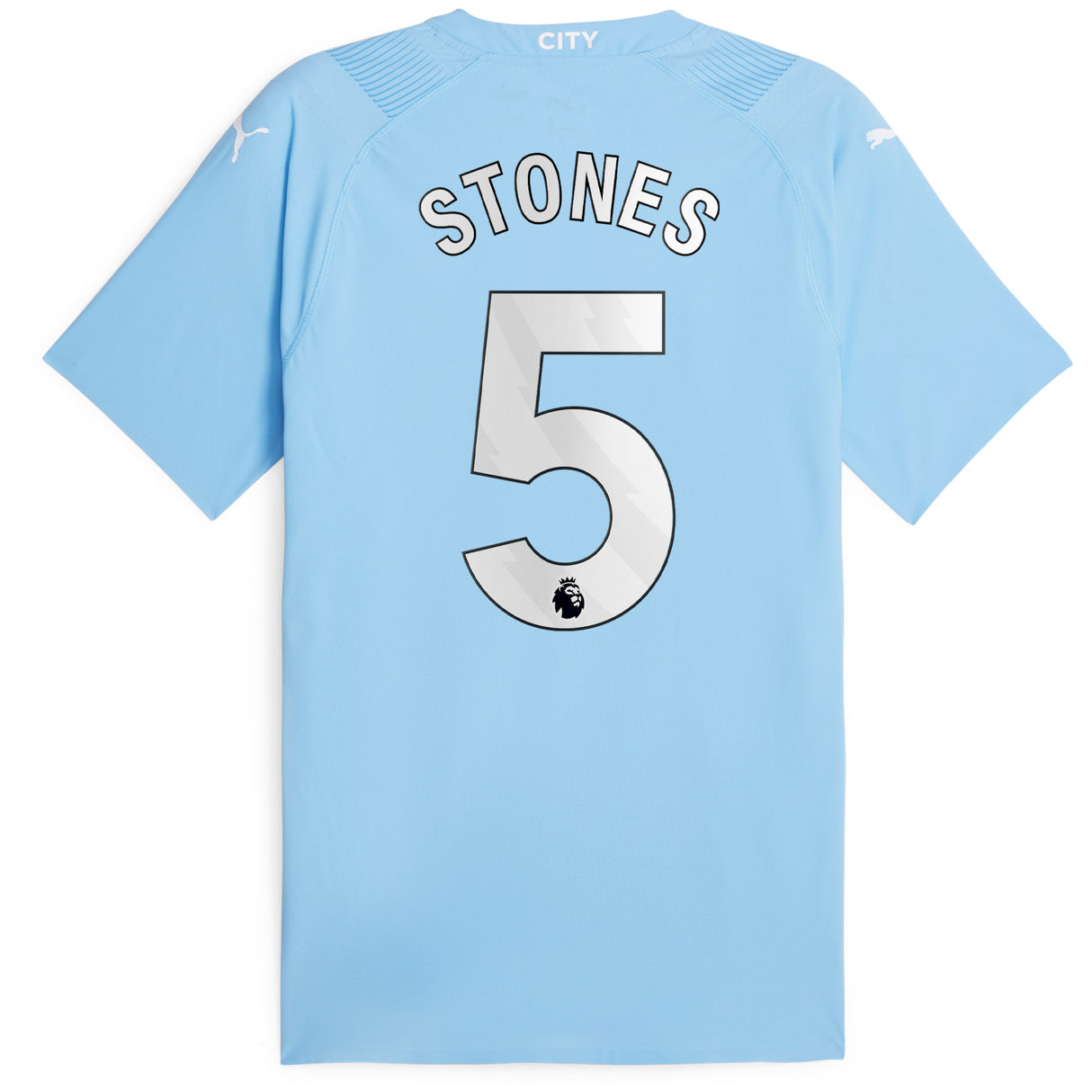 Manchester City Puma Home Authentic Shirt 2023-24 with Stones 5 printing - Kit Captain