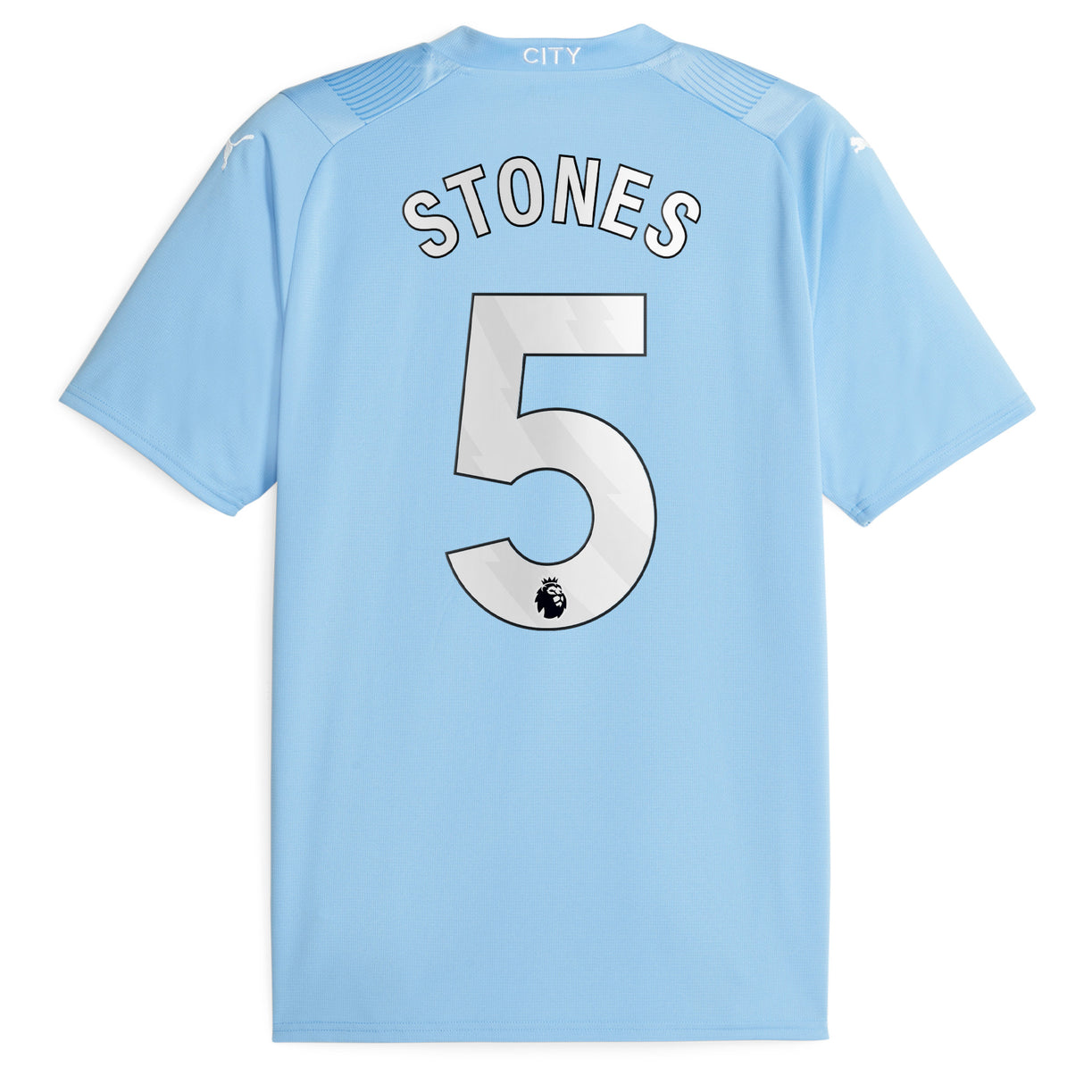 Manchester City Puma Home Shirt 2023-24 with Stones 5 printing - Kit Captain