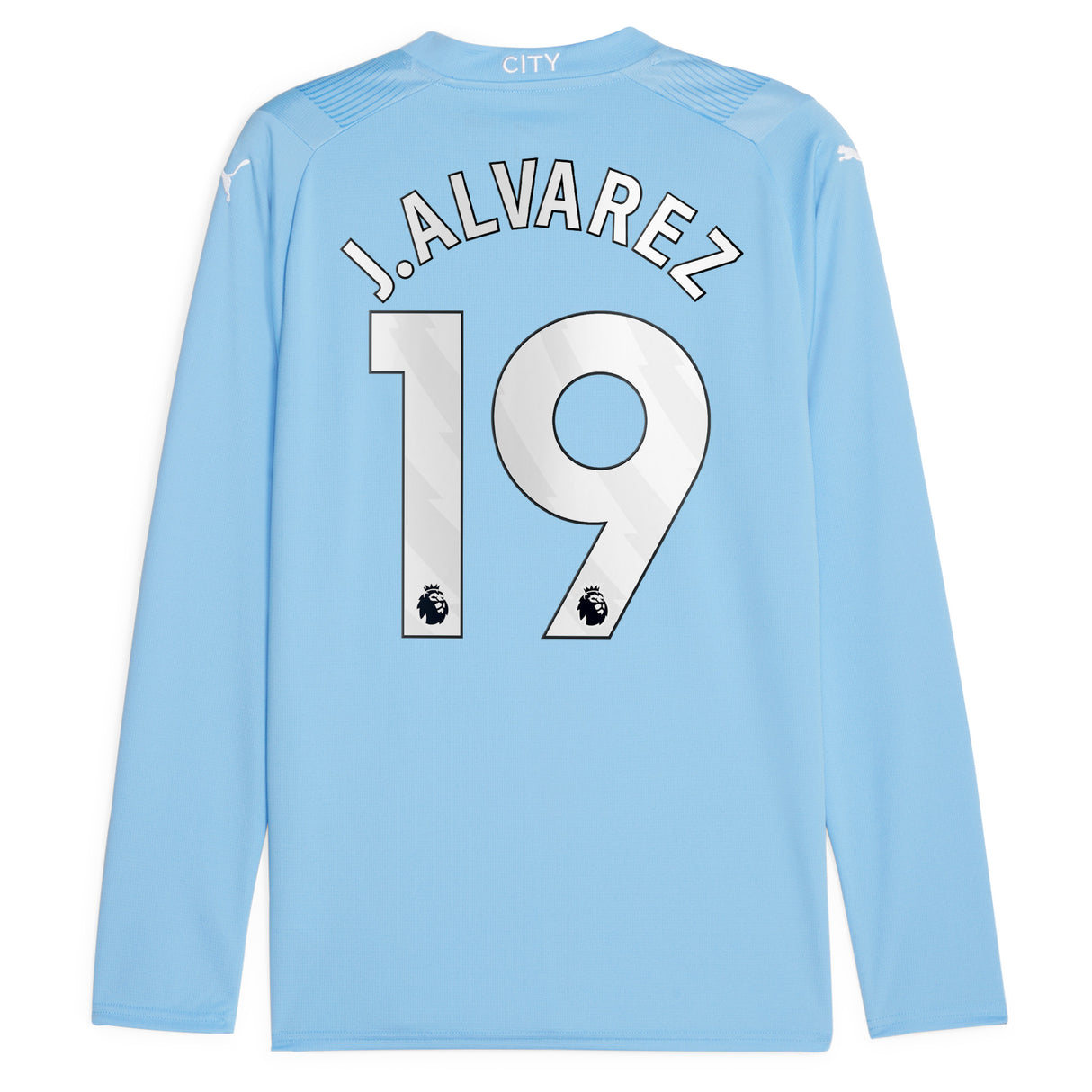 Manchester City Puma Home Shirt 2023-24 - Long Sleeve - Kids with J.Alvarez 19 printing - Kit Captain