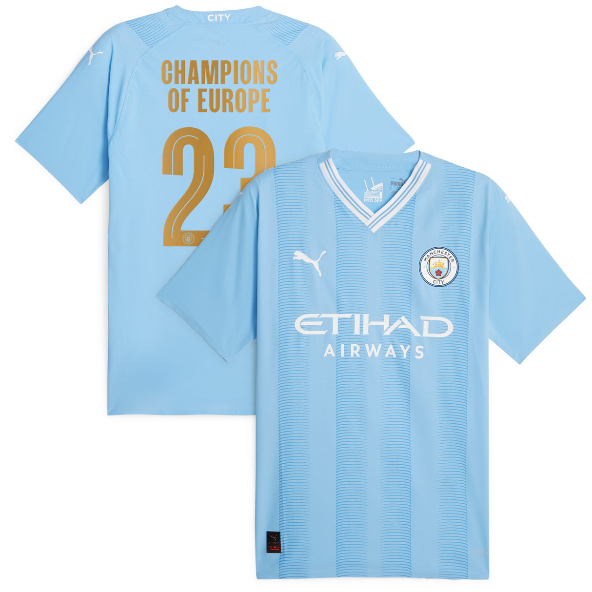 Manchester City Puma Home Authentic Shirt 2023-24 with Champions of Europe 23 printing - Kit Captain