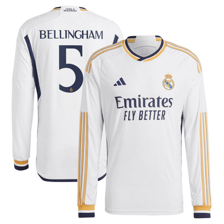 Real Madrid adidas Home Authentic Shirt 2023-24 - Long Sleeve with Bellingham 5 printing - Kit Captain