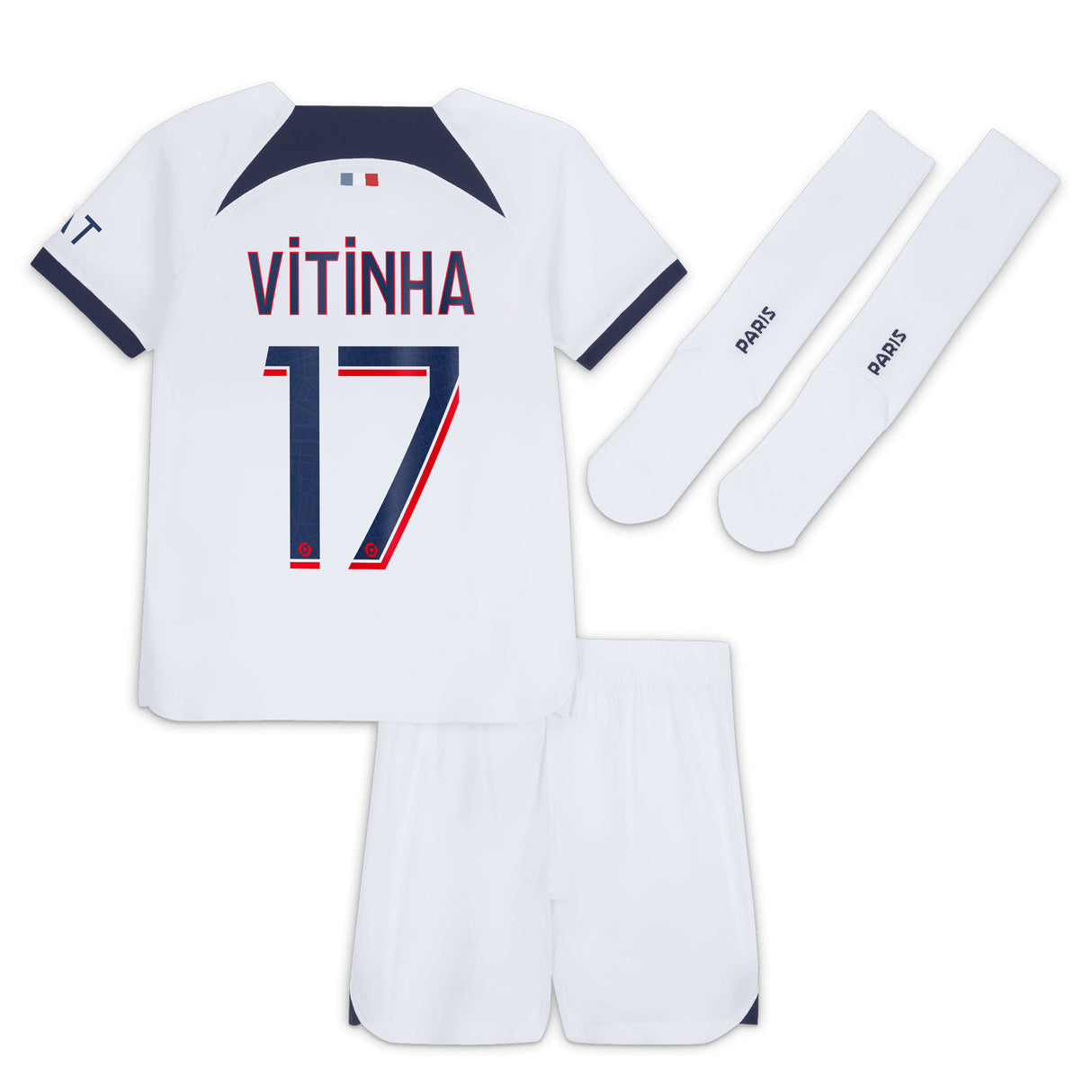 Paris Saint-Germain Nike Away Stadium Kit 2023-24 - Little Kids with Vitinha 17 printing - Kit Captain