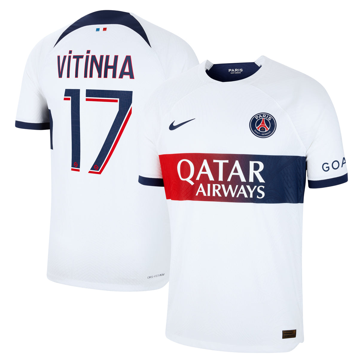 Paris Saint-Germain Nike Away Dri Fit Adv Match Shirt 2023-24 with Vitinha 17 printing - Kit Captain