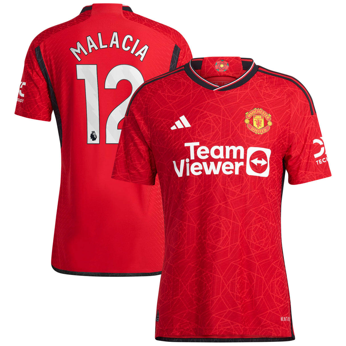 Manchester United EPL adidas Home Authentic Shirt 2023-24 with Malacia 12 printing - Kit Captain