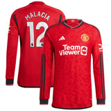 Manchester United EPL adidas Home Authentic Shirt 2023-24 - Long Sleeve with Malacia 12 printing - Kit Captain