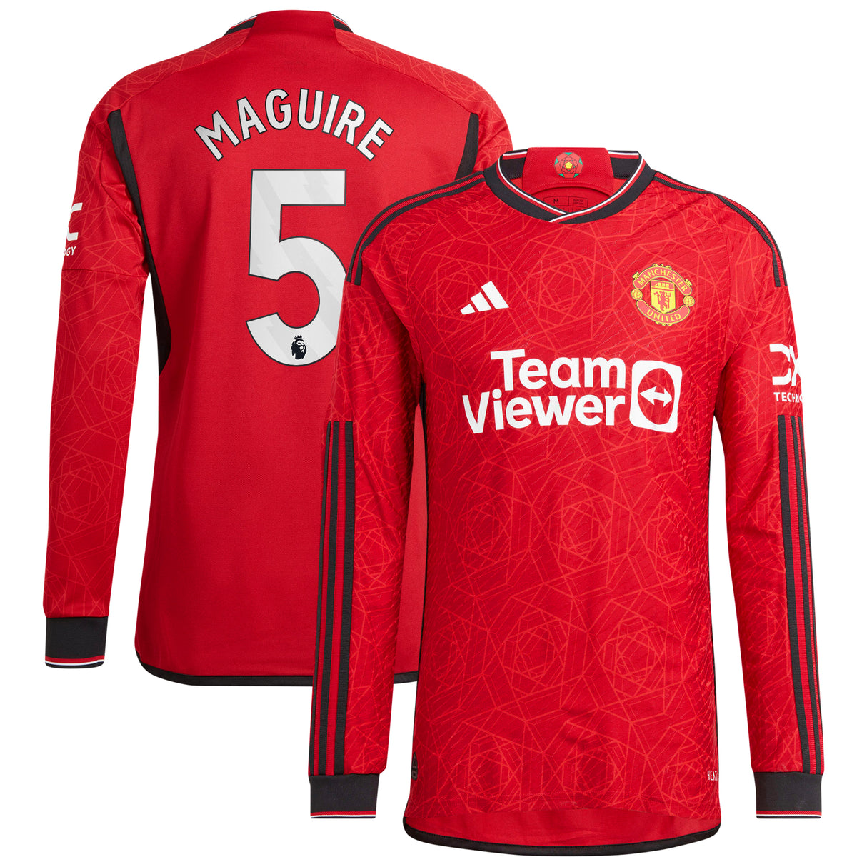 Manchester United EPL adidas Home Authentic Shirt 2023-24 - Long Sleeve with Maguire 5 printing - Kit Captain