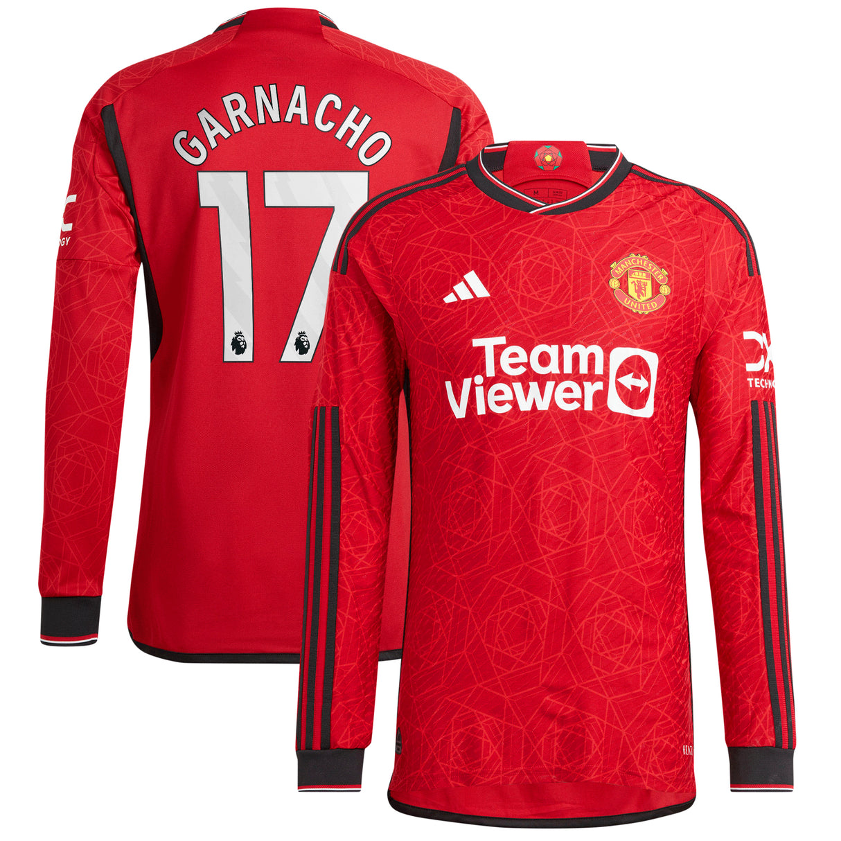 Manchester United adidas Home Authentic Shirt 2023-24 - Long Sleevewith Garnacho 17 printing - Kit Captain