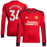 Manchester United EPL adidas Home Shirt 2023-24 - Kids - Long Sleeve with Van De Beek 34 printing - Kit Captain