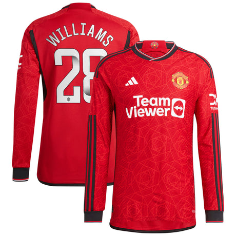 Manchester United WSL adidas Home Authentic Shirt 2023-24 - Long Sleeve with Williams 28 printing - Kit Captain