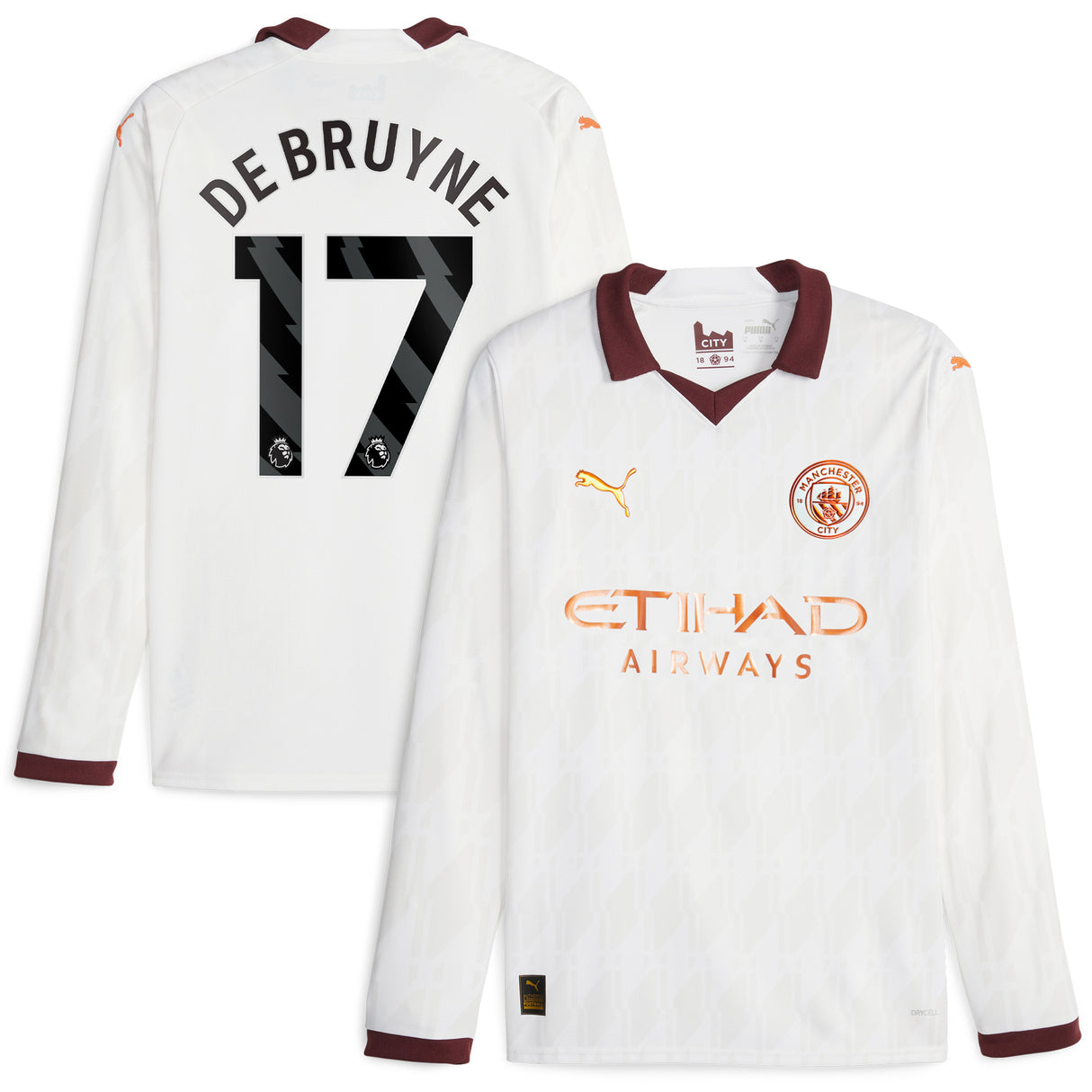 Manchester City Puma Away Shirt 2023-24 - Long Sleeve - Kids with De Bruyne 17 printing - Kit Captain