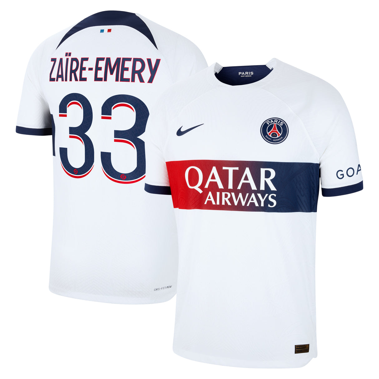 Paris Saint-Germain Nike Away Dri Fit Adv Match Shirt 2023-24 with Zaïre-Emery 33 printing - Kit Captain