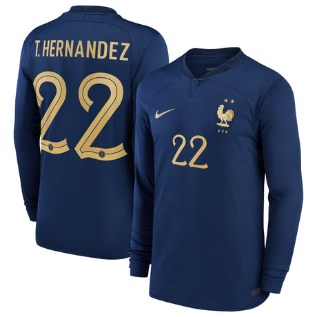 France Home Stadium Shirt Long Sleeve 2022 - Kids - Theo Hernández 22 - Kit Captain