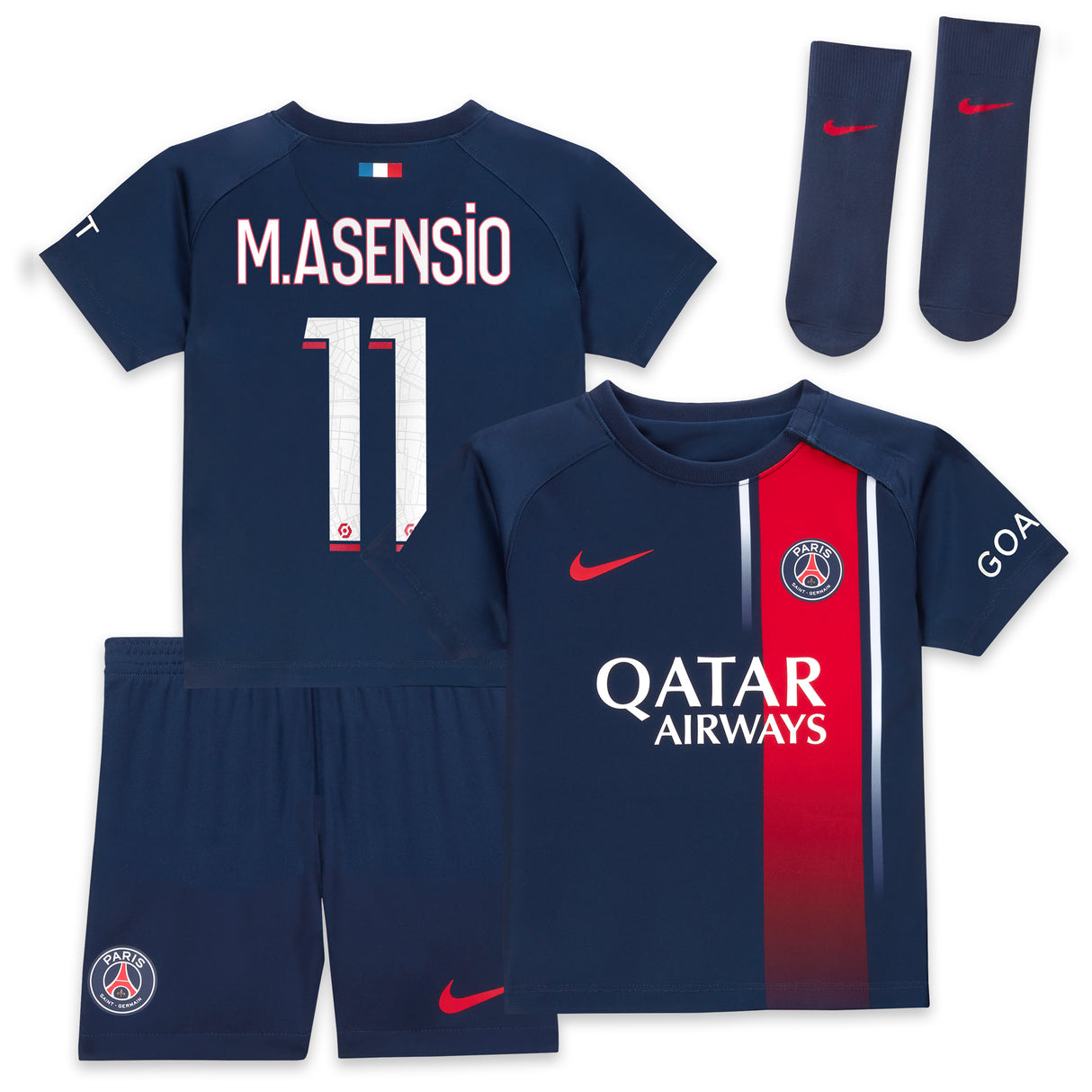 Paris Saint-Germain Nike Home Stadium Kit 2023-24 - Infant with M.Asensio 11 printing - Kit Captain