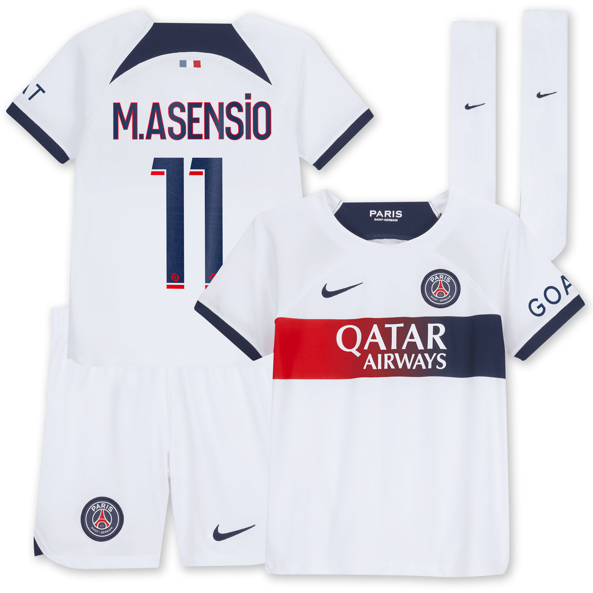 Paris Saint-Germain Nike Away Stadium Kit 2023-24 - Little Kids with M.Asensio 11 printing - Kit Captain