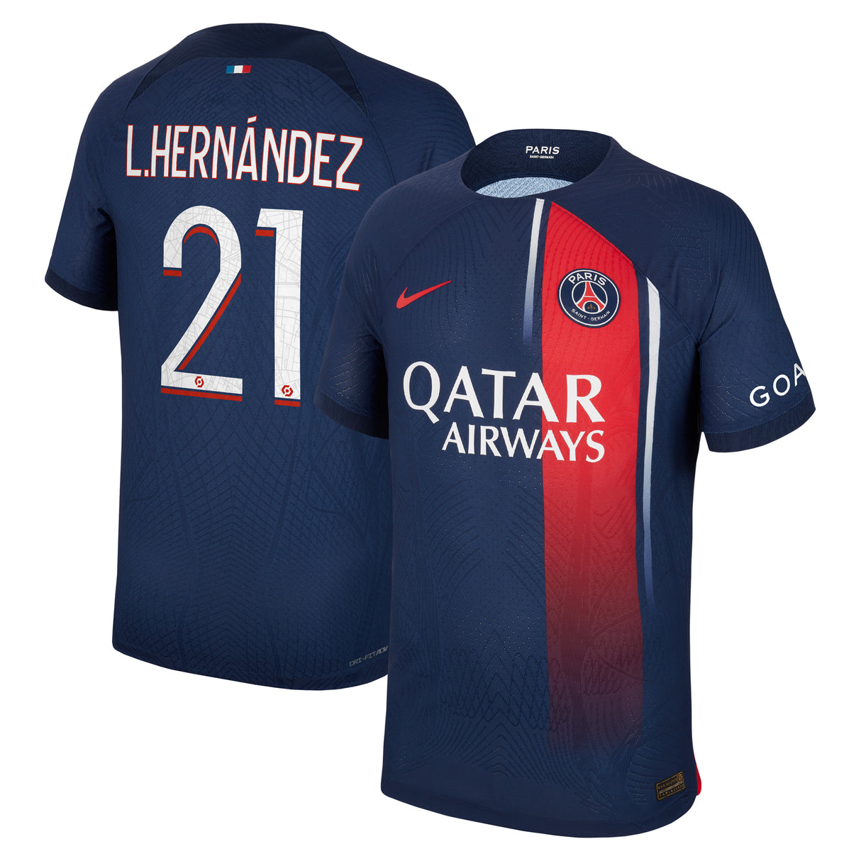 Paris Saint-Germain Nike Home Dri Fit Adv Match Shirt 2023-24 with L.Hernández 21 printing - Kit Captain