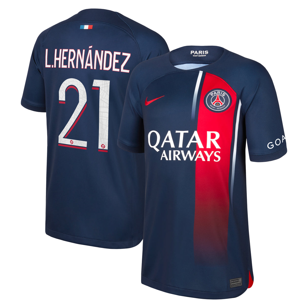 Paris Saint-Germain Nike Home Stadium Shirt 2023-24 - Kids with L.Hernández 21 printing - Kit Captain