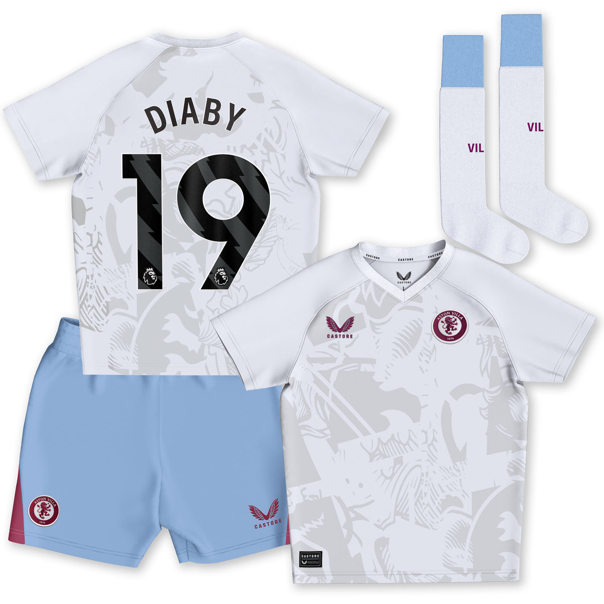 Aston Villa Castore Away Infant Kit 2023-24 with Diaby 19 printing - Kit Captain