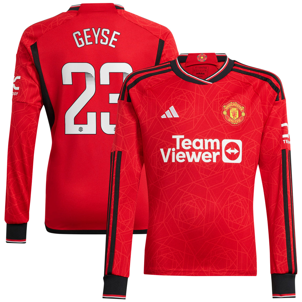 Manchester United WSL adidas Home Shirt 2023-24 - Long Sleeve - With Geyse 23 Printing - Kit Captain