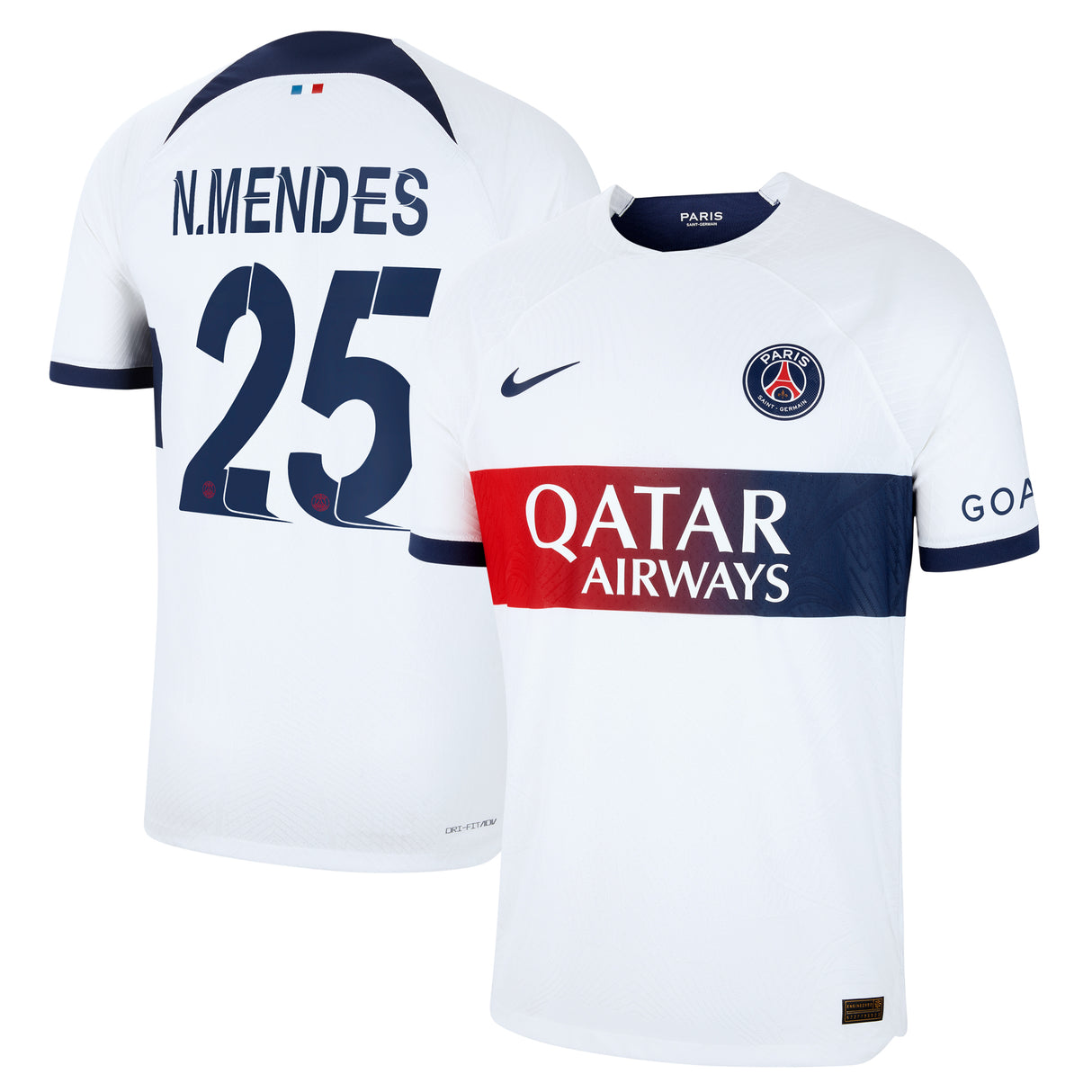 Paris Saint-Germain Nike Away Dri Fit Adv Match Shirt 2023-24 with Champions League printing N.Mendes 25 - Kit Captain