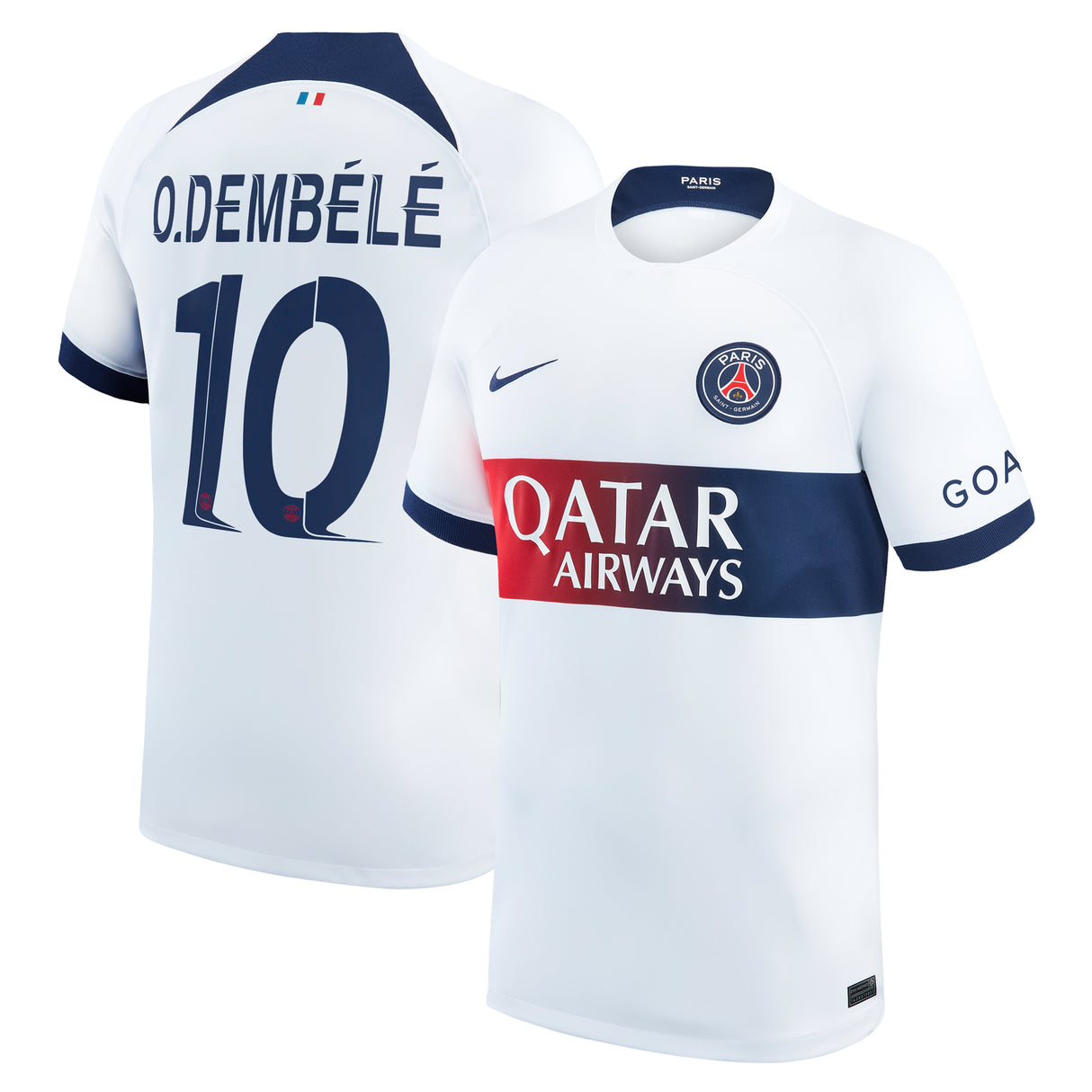 Paris Saint-Germain Nike Away Stadium Shirt 2023-24 with Champions League printing O.Dembélé 10 - Kit Captain