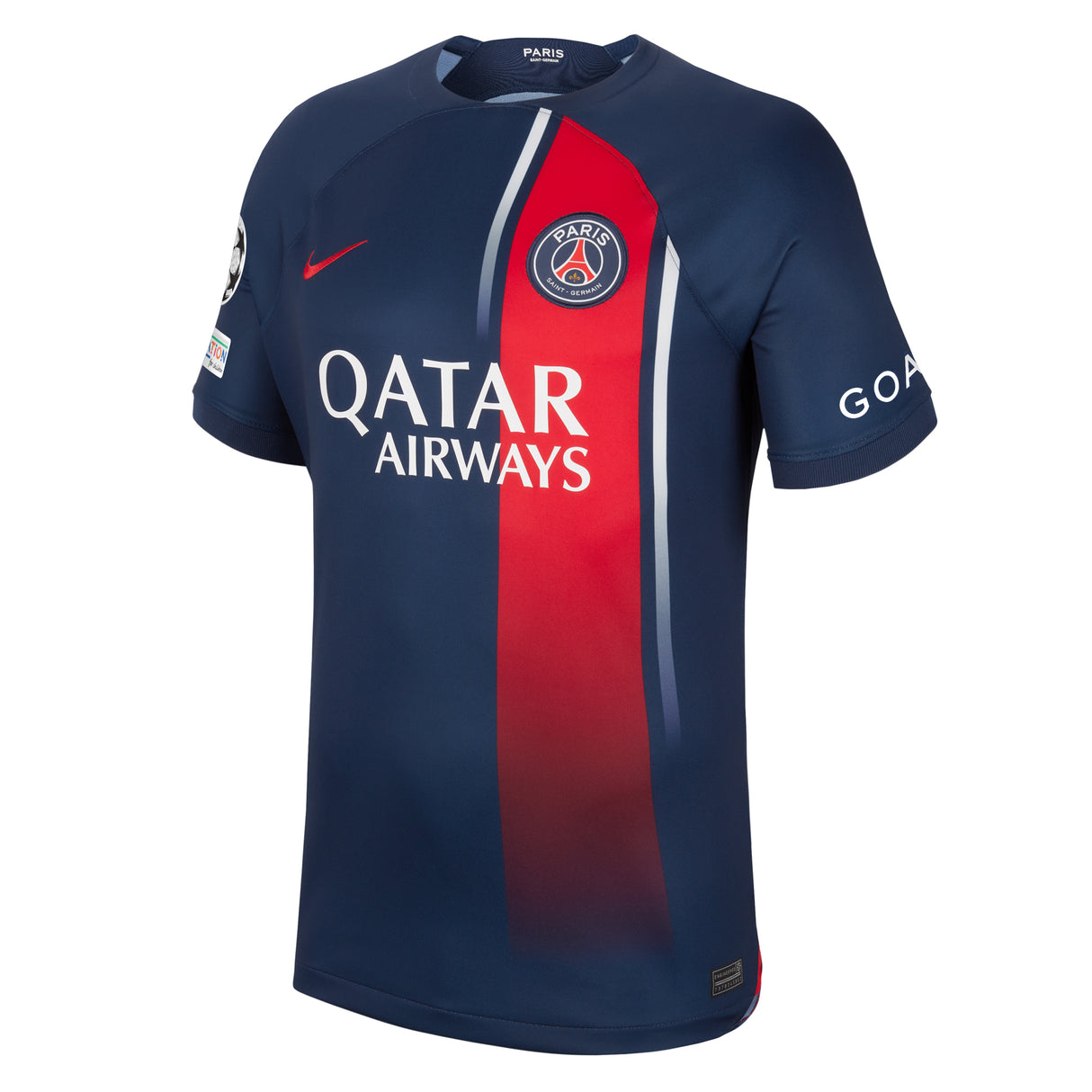 PSG Nike Home Stadium Shirt 2023-24 with Zaïre-Emery 33 and Champions League printing and badges - Kit Captain