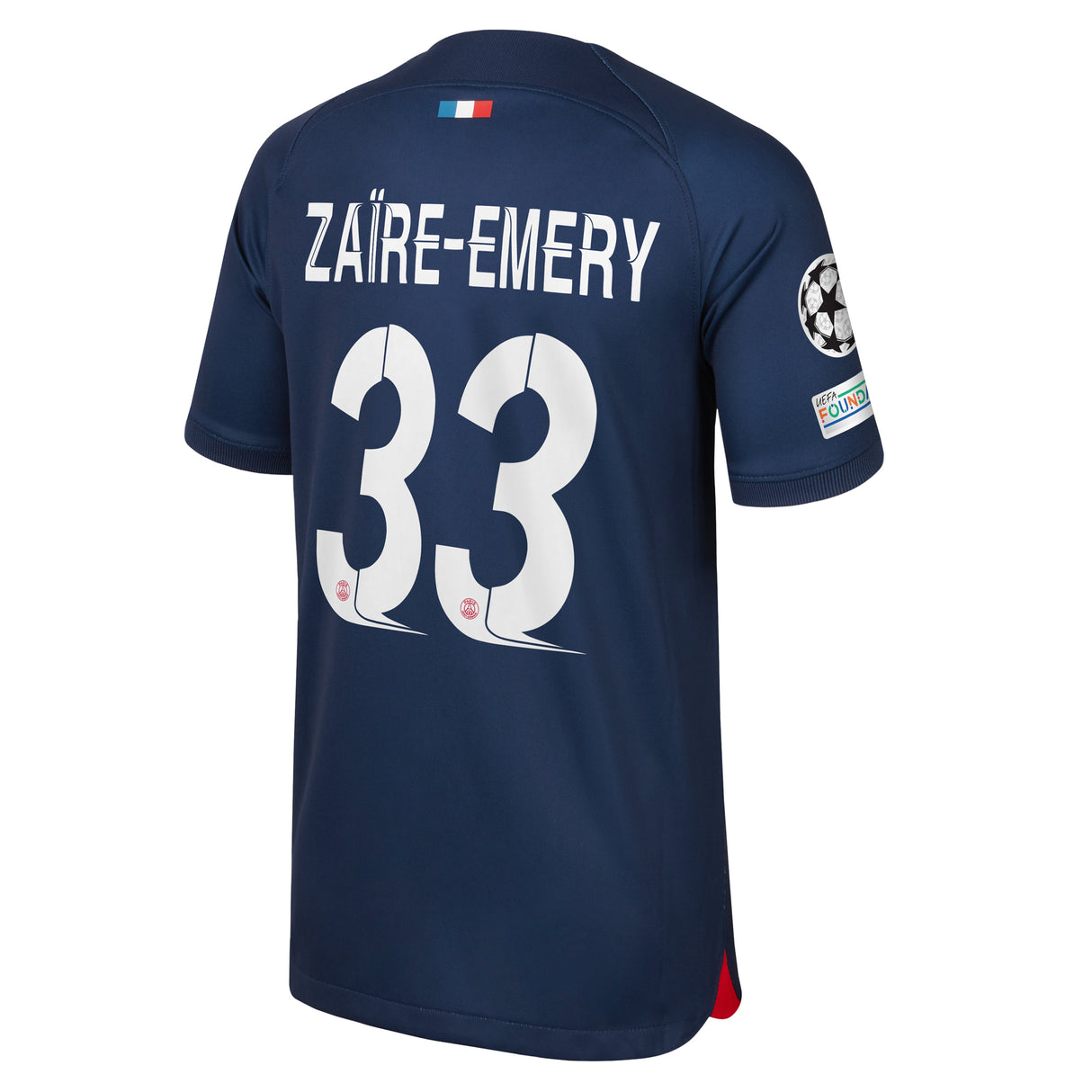 PSG Nike Home Stadium Shirt 2023-24 - Kids with Zaïre-Emery 33 and Champions League printing and badges - Kit Captain