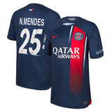 PSG Nike Home Stadium Shirt 2023-24 - Kids with N.Mendes 25 and Champions League printing and badges - Kit Captain