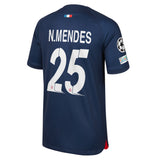 PSG Nike Home Stadium Shirt 2023-24 - Kids with N.Mendes 25 and Champions League printing and badges - Kit Captain