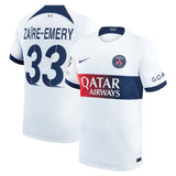 PSG Nike Away Stadium Shirt 2023-24 with Zaïre-Emery 33 and Champions League printing and badges - Kit Captain