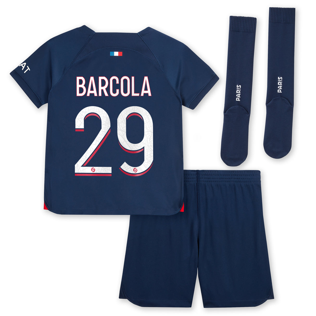 Paris Saint-Germain Nike Home Stadium Kit 2023-24 - Little Kids with Barcola 29 printing - Kit Captain