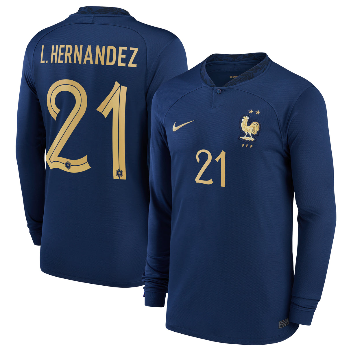 France Home Stadium Shirt Long Sleeve 2022 - Kids with L.Hernandez 21 printing - Kit Captain