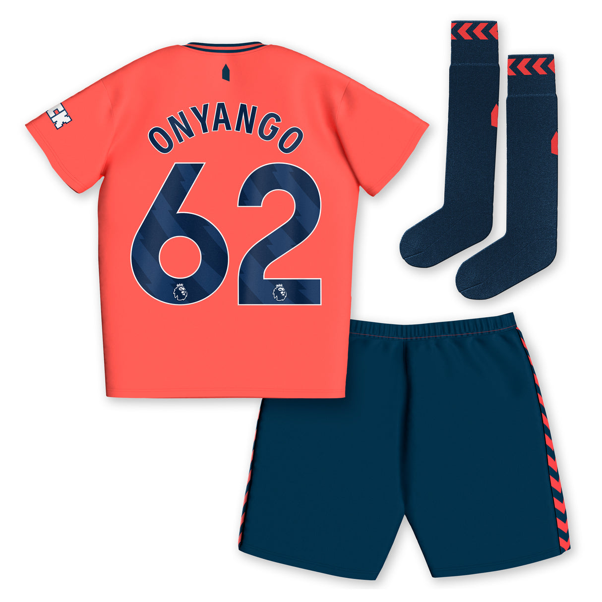 Everton Hummel Away Infant Kit 2023-24 with Onyango 62 printing - Kit Captain